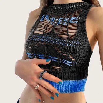 Sexet Strikket Sweater Damer Hule Vintage Vest 2021 Sommer Mode Nye Kvinde Casual Streetwaer Partywear Tank Top