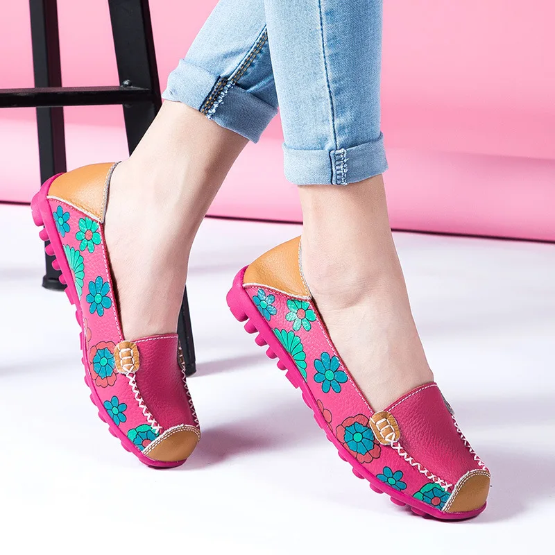 Casual Sneakers Kvinder Lejligheder 2021 Mode Blomster Print i Ægte Læder Blød Fladskærms Kvindelige Loafers Damer Sko Slip på