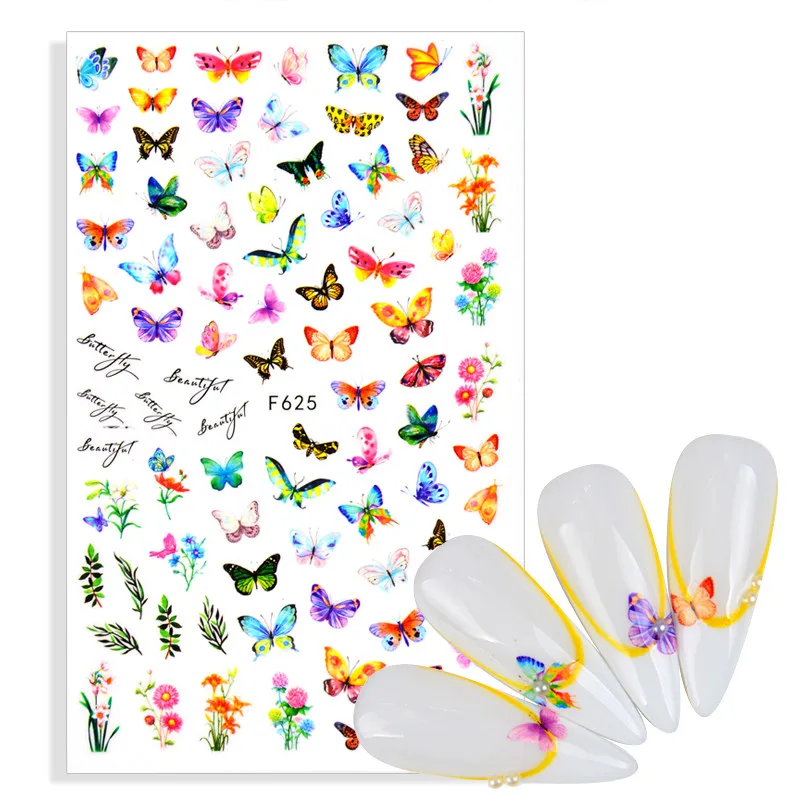 1 Ark selvklæbende Blomst Sommerfugl Mønster 3D Nail Art Dekorationer Klistermærker, Mærkater Manicure Falske Negle Sticker