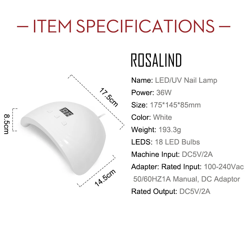 ROSALIND Lampe 36W For Gel Tørretumbler Til Manicure Skal Gel Kur Semi-permanent Søm Auto Sensor Værktøj Med 12 Lysdioder 3 Timer Modes