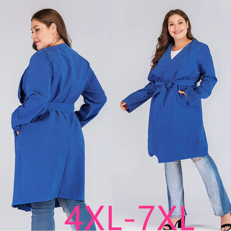 Ny efterår og vinter kvinder plus size casual løs lange ærmer skyttegrav frakke vindjakke stor størrelse med bælte blå 4XL 5XL 6XL 7XL