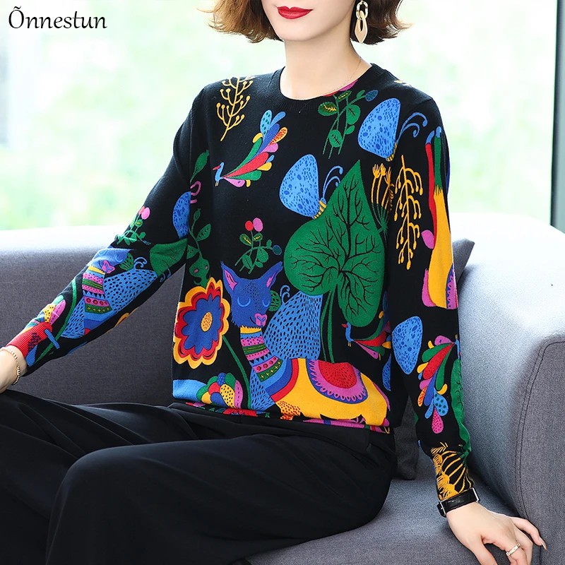 Smukke Print Kvinder Sweater Efterår Forår Mode Kvinders Beklædning Pullover Trække Femme langærmet Bluse Trøje Til Kvinder