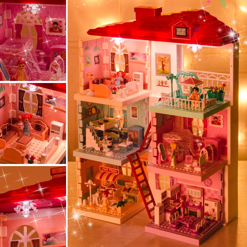 Prinsesse Villa Plast DIY Dukkehuse Play House Møbler Kit Med Led Lys Monteret Dukke Hus Legetøj til Piger, Børn Gaver