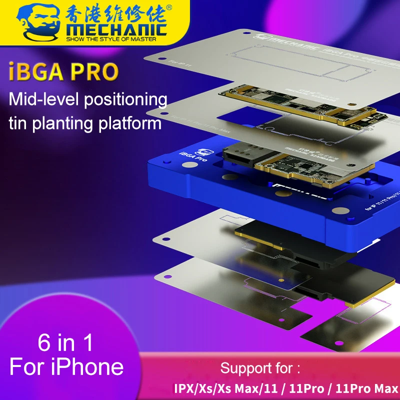 Mekaniker 6 i 1 placering BGA Reballing Stencil Platform Til iPhone X XS 11 Pro Max Mid-niveau Bundkort Tin-Plantning Armatur