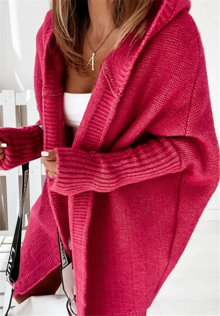 Nye Kvinder er Strikket Cardigan Sweater Med Hætte, Krave Temperament Bat-formet Hoodie Blød Løs Tilbage Sstitching Sweater