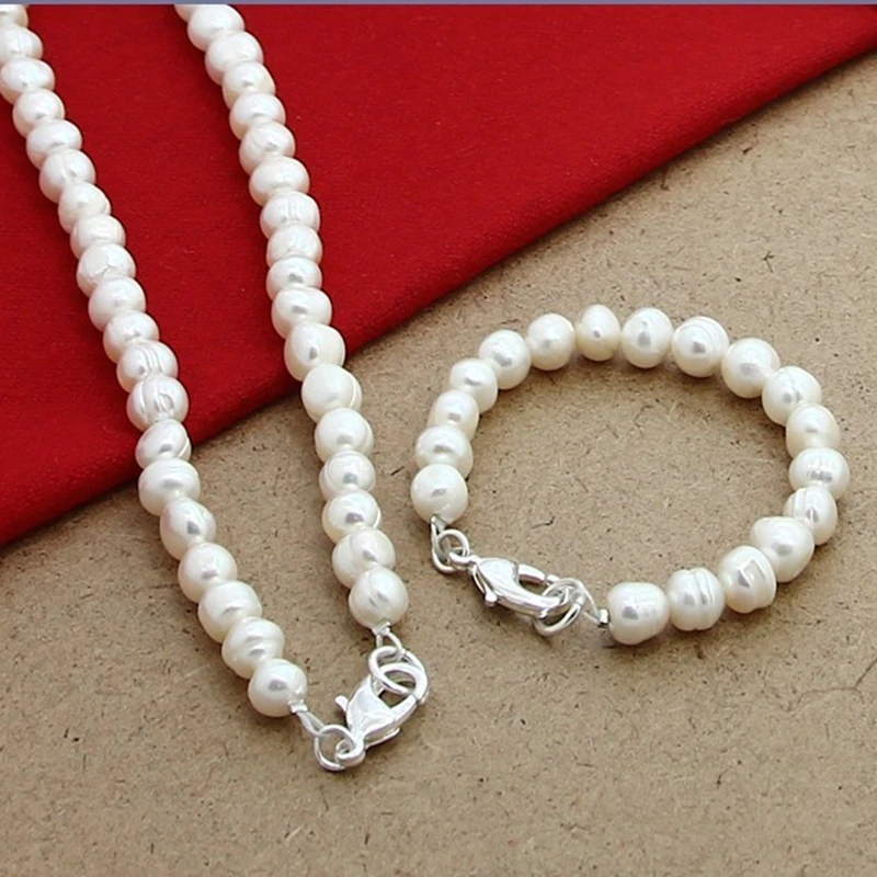 Nye 8mm Naturlige Perle Beaded Kæde 925 Sølv Lås Halskæde Armbånd Sæt Til Kvinder, Bryllup, Engagement Party Smykker