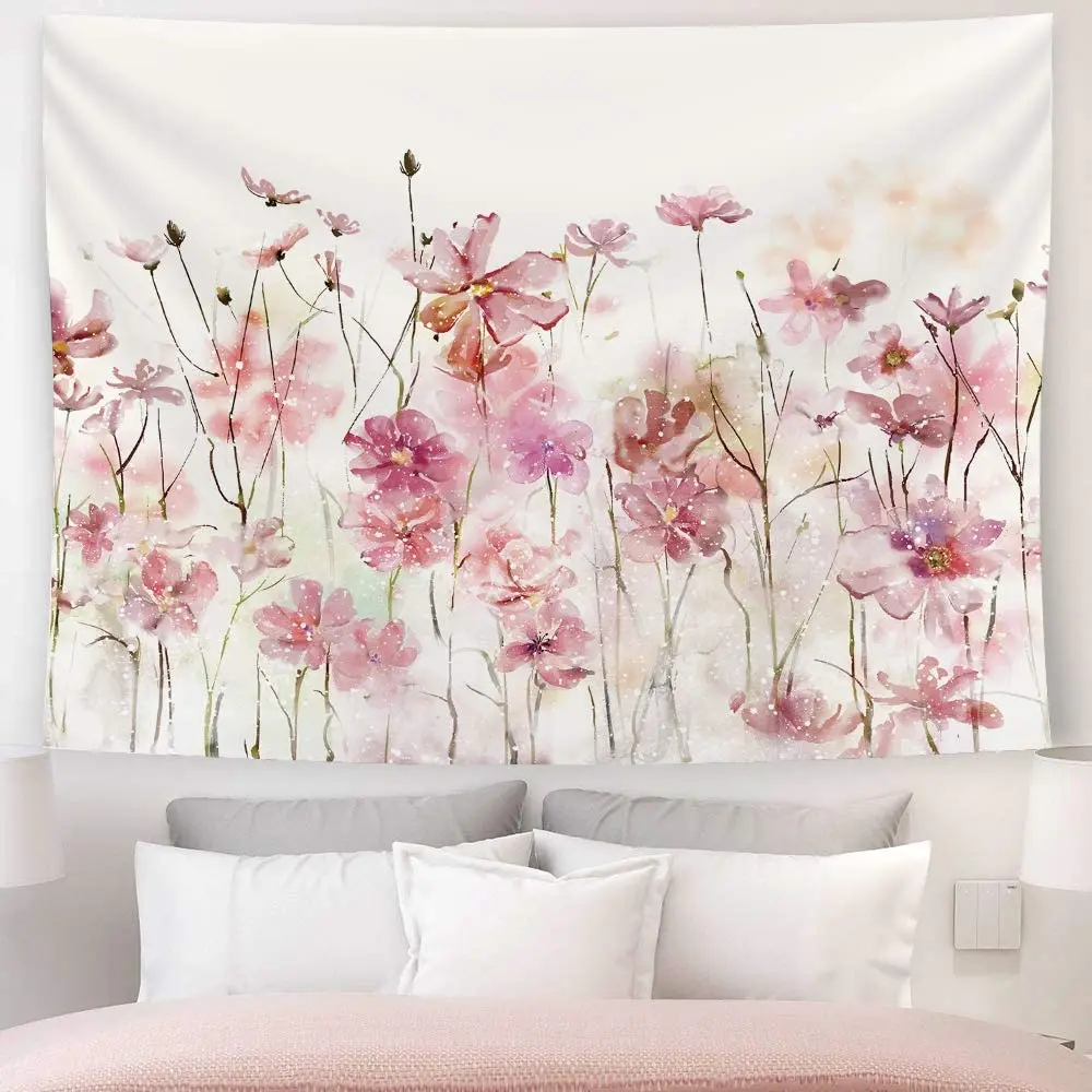 Pink Blomster Mosaik Væg Hængende Romantiske Blomster Wildflower Planter, Natur, Landskab Tapestrie Dekoration til Soveværelse, Stue