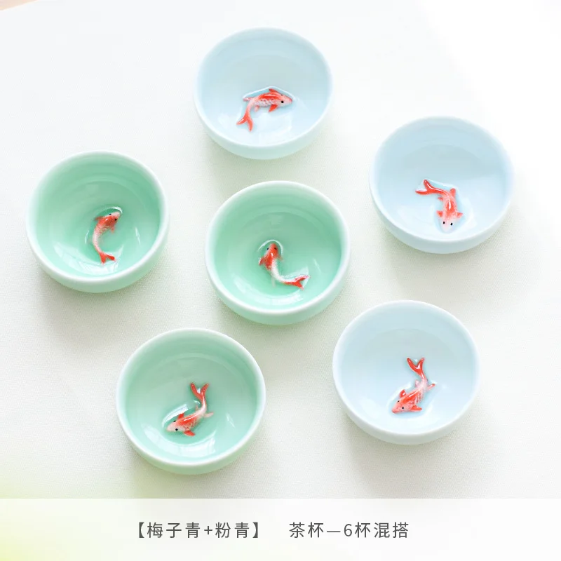 6stk Kung Fu Te Kop Sæt Celadon 3D Gylden Fisk, Kina te kopper,Crackle Glasur Rejse Te-Skålen Kinesisk Porcelæn Tekop Sæt