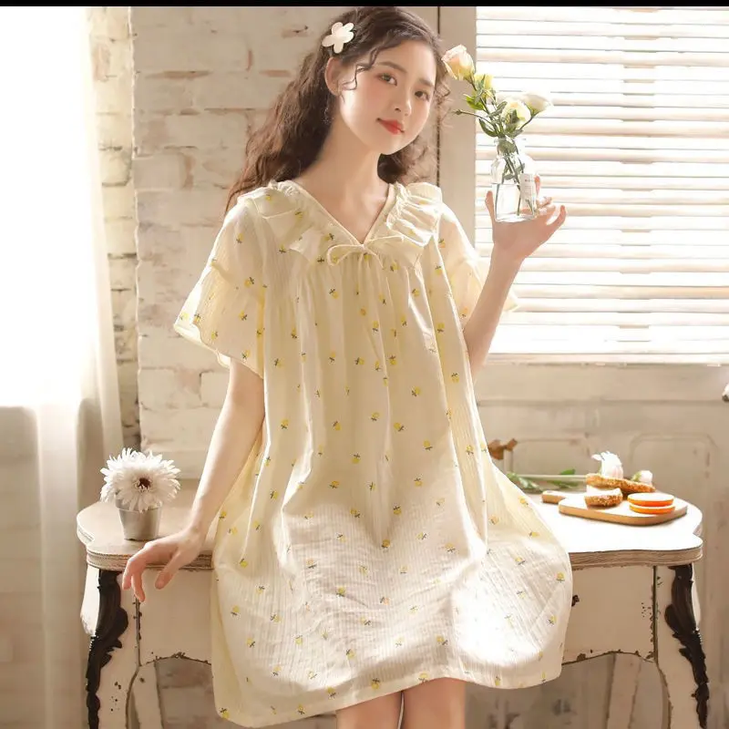 Nightgowns Kvinder Sommeren Åndbar Dejlige Homewear Casual Japansk Stil Kvindelige Løs Hyggelige College V-hals Nattøj måde Chic