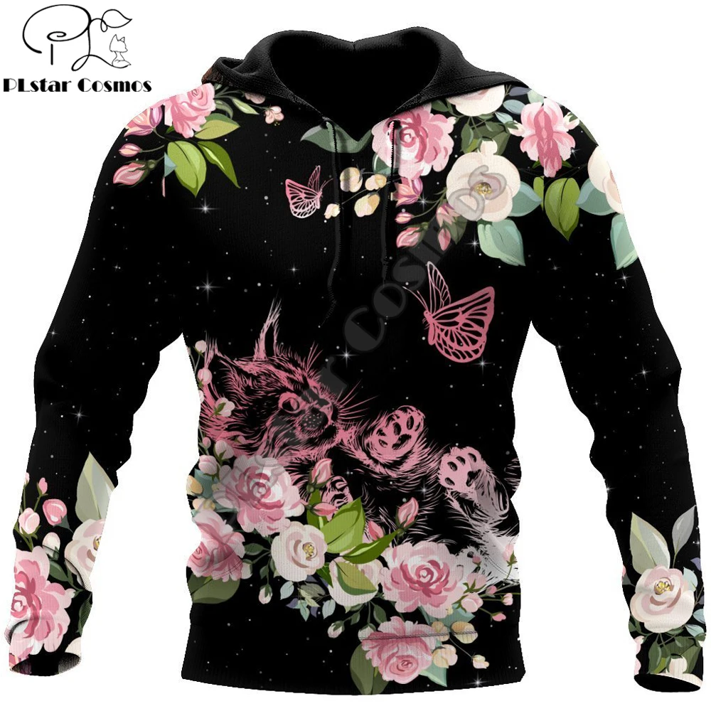 Kat & Butterfly Flower 3D-Over Trykt Herre Hoodie Dyr Streetwear Efteråret Sweatshirt Unisex Casual Jakke Træningsdragter DK055