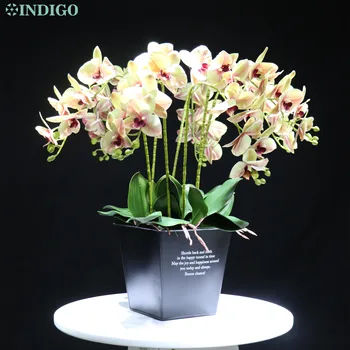 1 Sæt ( 7 Orchid + 5 Blade + Moss + Pot) DIY Blomst Arrangment Asien Orkideer Rigtige Touch Tabel Centerpiece Blomst Arrangement - INDIGO