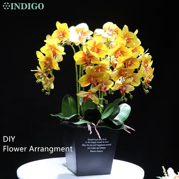 1 Sæt ( 7 Orchid + 5 Blade + Moss + Pot) DIY Blomst Arrangment Asien Orkideer Rigtige Touch Tabel Centerpiece Blomst Arrangement - INDIGO