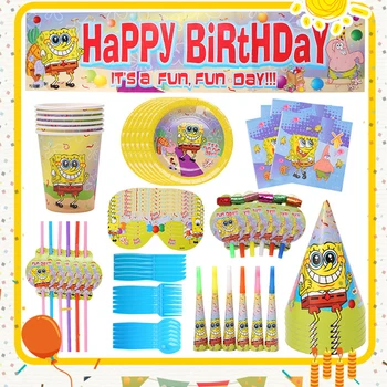 1 Sæt Tegneserie Sponge Fødselsdag Dekoration Engangsservice Papir Plade Cup Flag, Pige, Dreng, Baby Shower Fest Forsyninger Kid