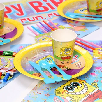 1 Sæt Tegneserie Sponge Fødselsdag Dekoration Engangsservice Papir Plade Cup Flag, Pige, Dreng, Baby Shower Fest Forsyninger Kid