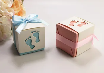10stk Baby Brusebad Fødder Pap Dragee Slik gaveæske Bonbonniere Bryllup Fordel Gave Chokolade Cookie Emballage med Bånd