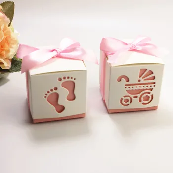 10stk Baby Brusebad Fødder Pap Dragee Slik gaveæske Bonbonniere Bryllup Fordel Gave Chokolade Cookie Emballage med Bånd