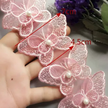 10x Pink 7cm Butterfly Pearl Broderede Blonder Trim Bånd Stof Håndlavet DIY Syning Håndværk Til Kostume Sko Dekoration Ny