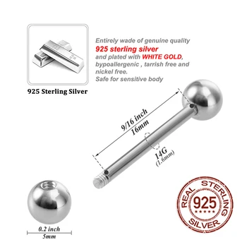 1PC 925 Sterling Sølv Tunge Piercing Tunge Ringe Barbell for Kvinder 16mm Nipple Ring 14G Allergivenlige Piercing Fine Smykker