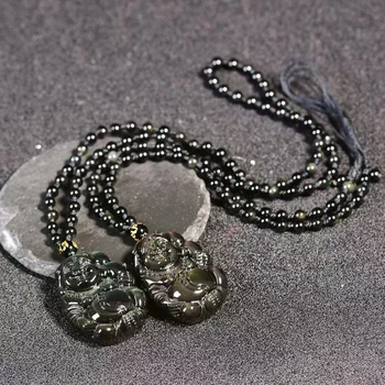 1pc Naturlige rainbow obsidian øje udskæring Buddha vedhæng + Perle Kæde krystaller og sten, healing
