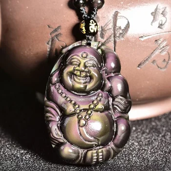 1pc Naturlige rainbow obsidian øje udskæring Buddha vedhæng + Perle Kæde krystaller og sten, healing
