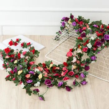 2,2 M Rose Blomster Kunstig Blomst Rattan Haven Udendørs Home Decor Kunstige Planter Silke Falske Krans til Bryllup Dekoration