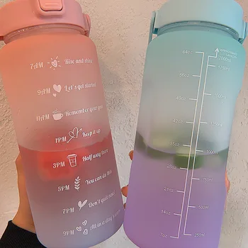 2 Liter Stor Kapacitet Gratis Motiverende Med Tiden Markør Trænings-Og Kander Gradient Farve Plast Kopper Udendørs Matteret Vandflaske