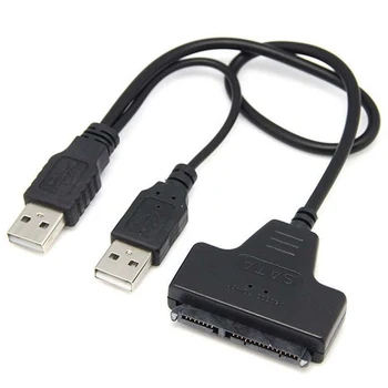 2-Porte Sort USB 2.0 til SATA-22-Pin 7+15-Pin Adapter Kabel (2,5