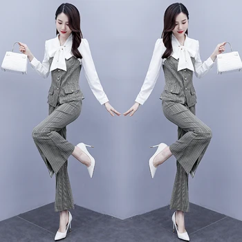 2020 Efteråret kvinders mode og store bue plaid udskrivning syning shirts+Blusset bukser passer kvindelige plus size to-delt sæt
