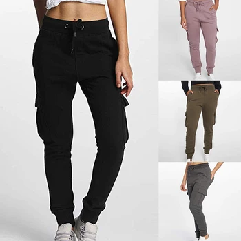 2020 Nye Efteråret Kvinder Snøre I Taljen Casual Bukser Solid Blyant Bukser Multi-Lommer Plus Size Straight Slim Fit Bukser Dropship