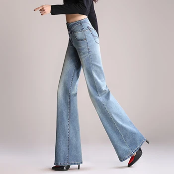 2020 Nye S til 5XL Efteråret Lange Brede Ben jeans Kvinder Løs Straight Jeans med Høj Talje Stor Størrelse Løse blå bukser