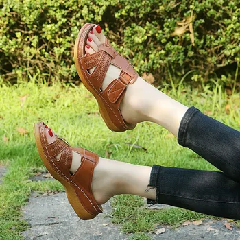 2020 Sommeren Kvinder Kile Sandaler Premium Ortopædisk Åben Tå Sandaler Vintage Anti-slip Læder Casual Kvindelige Platform Retro Sko