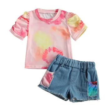 2021 Baby Sommer Børne Tøj Piger, Tøj, Kort Ærme Tie Dye T-Shirt, Toppe + Denim Shorts 2stk Tøj Sæt 1-6T