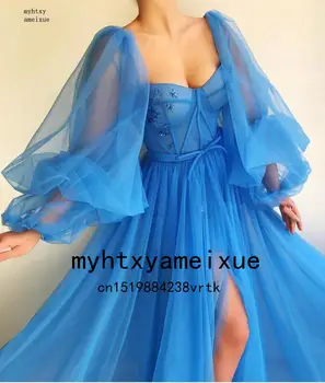 2021 Blå Dubai Aften Kjoler Lang Sexet Slids V-hals Beaded Tyl Formelle Dress For Party Aften Robe Billige Lang Aften Kjole