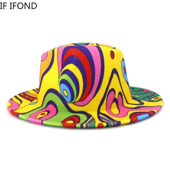2021 Følte Fedora Hat Street Fashion Graffiti Kvinder Mænd Uld Wide Brim Jazz Hat Halloween Klovn Top Sombrero Cap