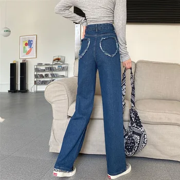 2021 Høj Kvalitet Kvinder Denim Bukser Mode Hul Høj Talje Jeans Kvinde Koreanske Solid Løse Bukser High Street Bred Ben Bukser