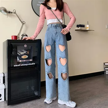 2021 Høj Kvalitet Kvinder Denim Bukser Mode Hul Høj Talje Jeans Kvinde Koreanske Solid Løse Bukser High Street Bred Ben Bukser