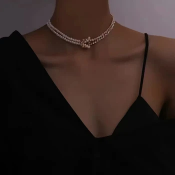 2021 Korea Stil Simuleret Pearl Krystal Dobbelt Kæde Rhinestone Cross Choker Halskæder til Kvinder Kravebenet Statement Smykker