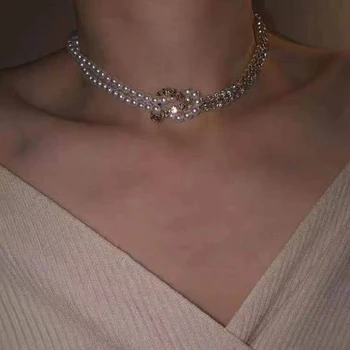2021 Korea Stil Simuleret Pearl Krystal Dobbelt Kæde Rhinestone Cross Choker Halskæder til Kvinder Kravebenet Statement Smykker