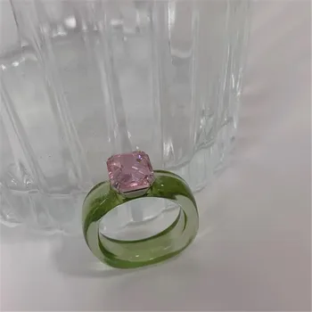 2021 Koreanske Vintage Æstetiske Sød Pink Lilla Akryl Harpiks Rhinestone Geometriske Ringe Sæt Til Kvinder Smykker Gaver Tilbehør