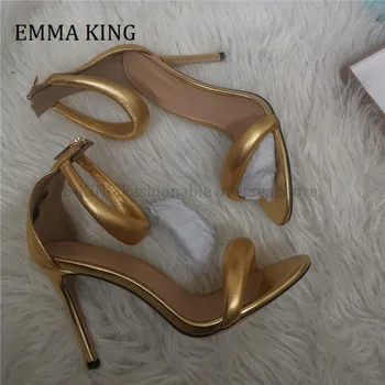 2021 Kvinder 10,5 cm Hæle Sandaler Metallisk Guld Læder højhælede Sandaler Zip Fastgørelse Ankel Rem Peep Toe Sandalias De Mujer