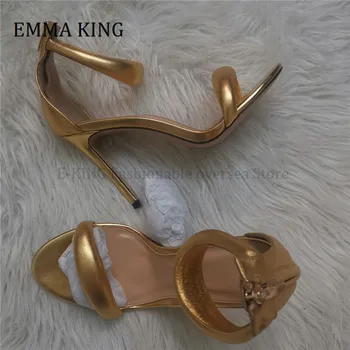 2021 Kvinder 10,5 cm Hæle Sandaler Metallisk Guld Læder højhælede Sandaler Zip Fastgørelse Ankel Rem Peep Toe Sandalias De Mujer