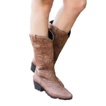 2021 Kvinder Mid Kalv Western Støvler Cowboy Spidse Tå, Knæhøje Træk På Ladies Fashion Læder Motorcykel Støvler Botas Mujer