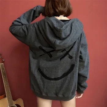 2021 Kvinder Smil Printied Hættetrøjer Hip Hop Patchwork Par Trøjer Koreansk Mode Løs Lange Ærmer Afslappede Sweatshirts