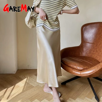 2021 Kvinders Satin Silke Nederdel med Høj Talje Kontor Elegante Lange Grundlæggende Solid koreansk Stil Blå Midi-En-linje Sommer Nederdele til Kvinder