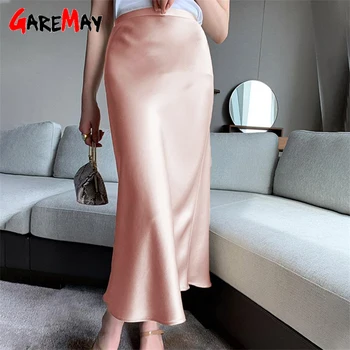 2021 Kvinders Satin Silke Nederdel med Høj Talje Kontor Elegante Lange Grundlæggende Solid koreansk Stil Blå Midi-En-linje Sommer Nederdele til Kvinder