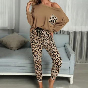 2021 Leopard Homewear Passer Til Kvinder Efteråret Casual T-Shirts Snor Sweatpants Lounge Wear Mode Pyjamas Sæt Elastisk Nattøj