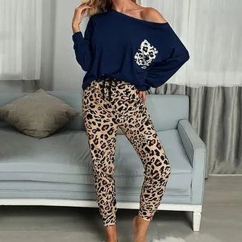 2021 Leopard Homewear Passer Til Kvinder Efteråret Casual T-Shirts Snor Sweatpants Lounge Wear Mode Pyjamas Sæt Elastisk Nattøj