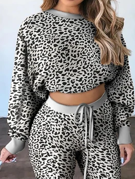 2021 Leopard Print Træningsdragt Kvinder 2 delt Sæt Sweatshirt Vis Talje Bukser, Sportstøj til Kvinder, der Passer Kvindelige Sæt Kulør