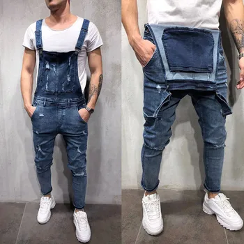 2021 Mænds Britisk Stil Denim Bib Pants i Fuld Længde til Jeans, Jumpsuits Hip Hop Overalls, slidte Jeans til Mænd Streetwear