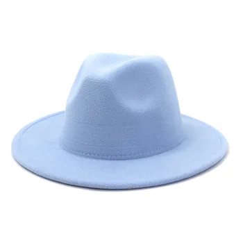 2021 Nye Ankomst Enkel Himmel Blå Uld Filt Fedora Hat til Kvinder Solid Farve Panama Gamble Hvid Jazz Cap Fedoras